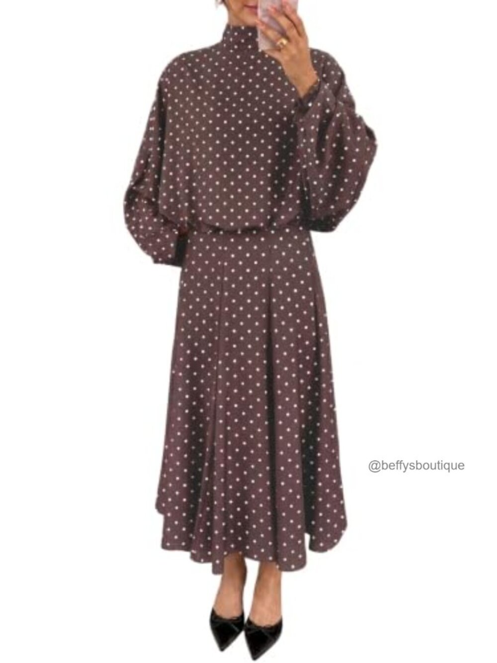 Womens 2 Piece Polka Dot Maxi Skirt Set Long Sleeve Tie Back Keyhole